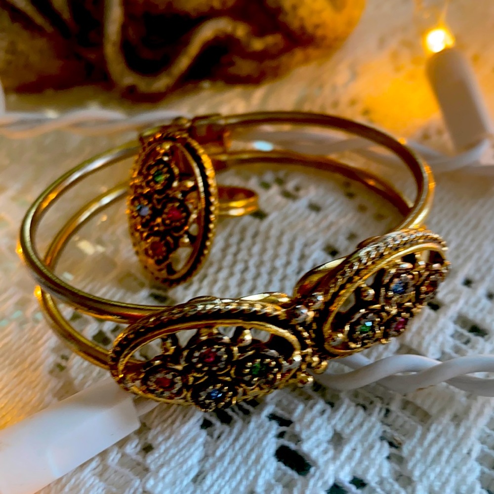Emmons goldtone vintage clamp bangle bracelet and ring set